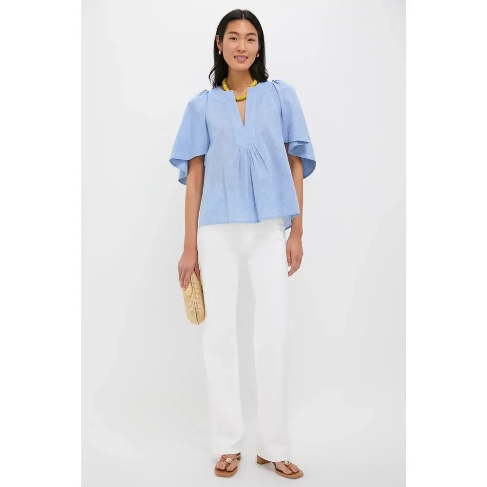 POMANDER PLACE Chambray Finley Flutter Sleeve Top Size XL NWT